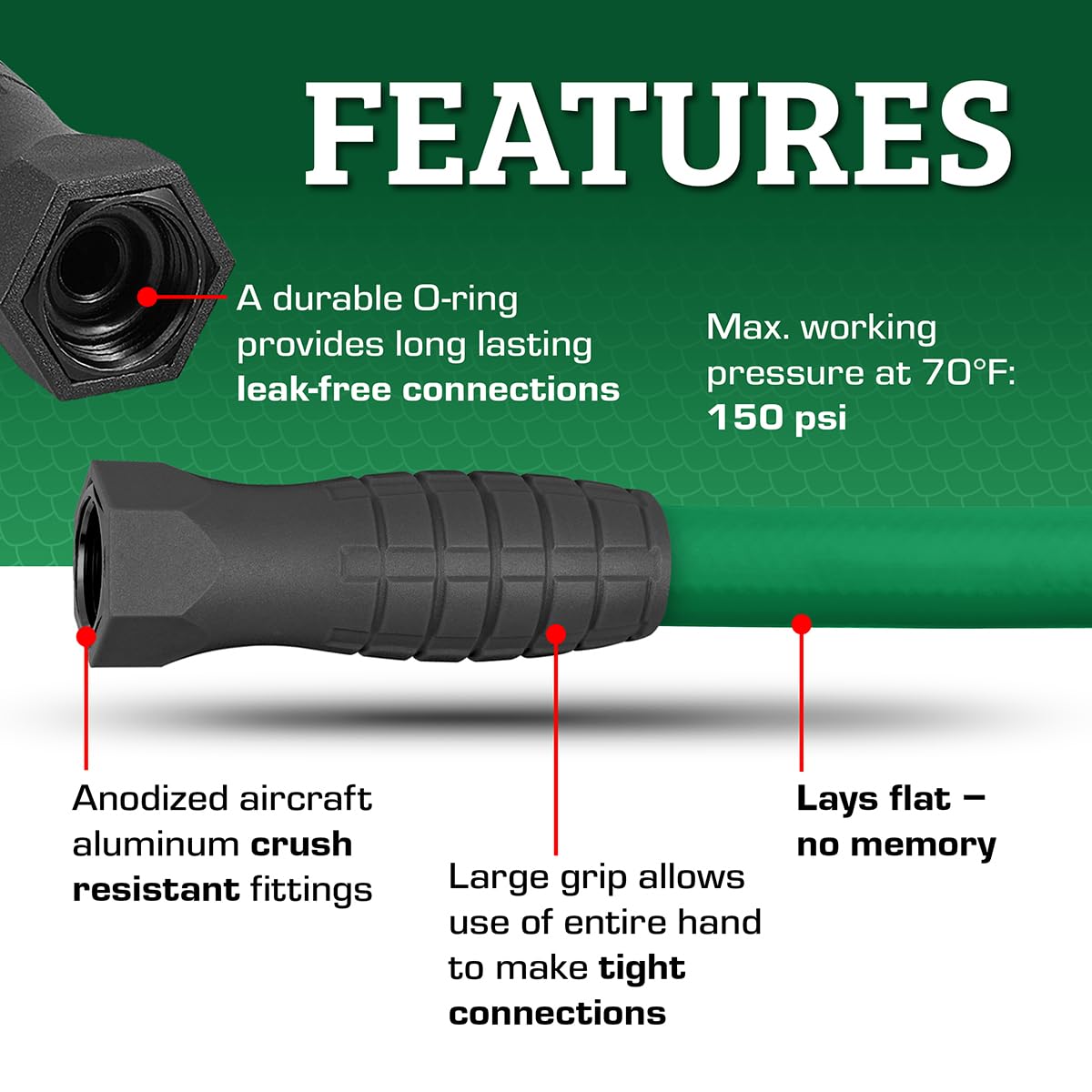 Anodized ends and seal reduce leaks on every connection.
