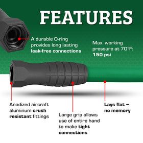 Anodized ends and seal reduce leaks on every connection.