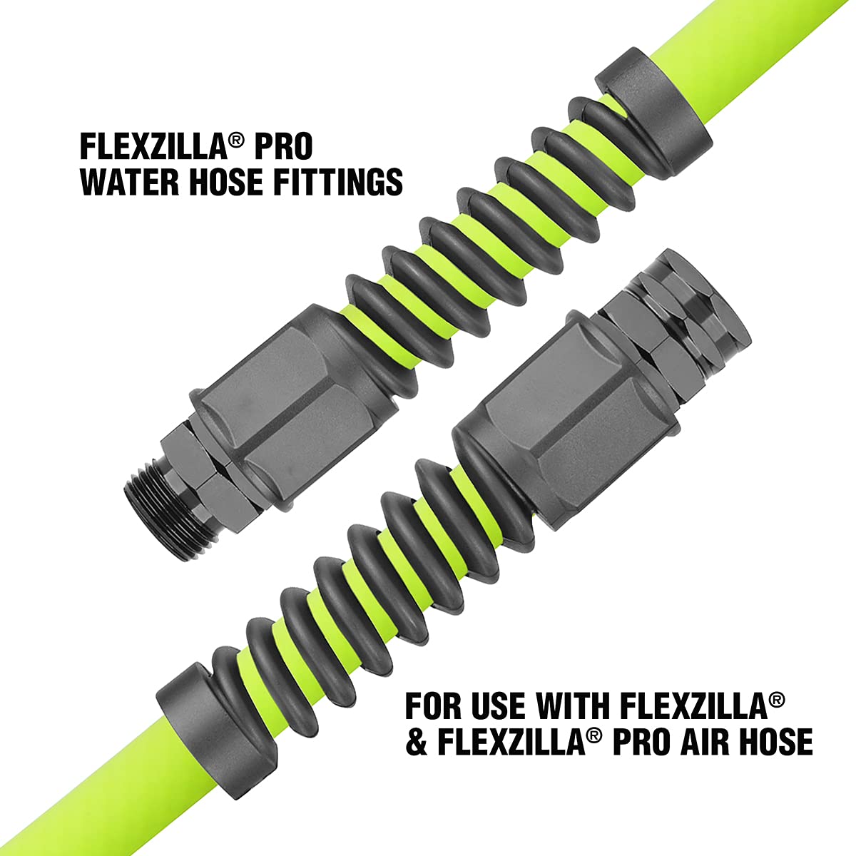 Flexzilla Pro anodized aluminum fitting emphasizes durability and bend flexibility.