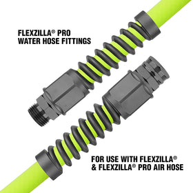 Flexzilla Pro anodized aluminum fitting emphasizes durability and bend flexibility.