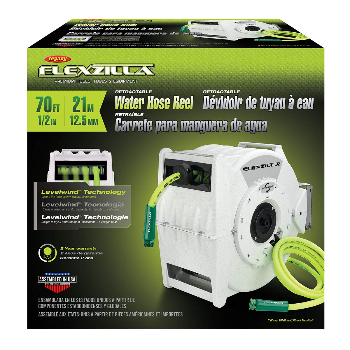 Flexzilla Pro Levelwind system keeps hose neatly layered during rewinding.