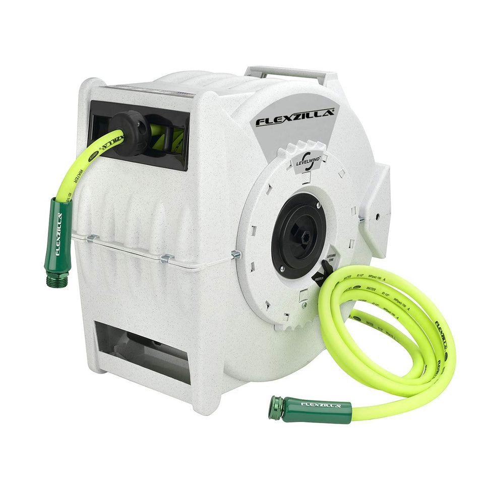 Flexzilla Pro retractable hose reel with 70-foot hose for easy yard watering.