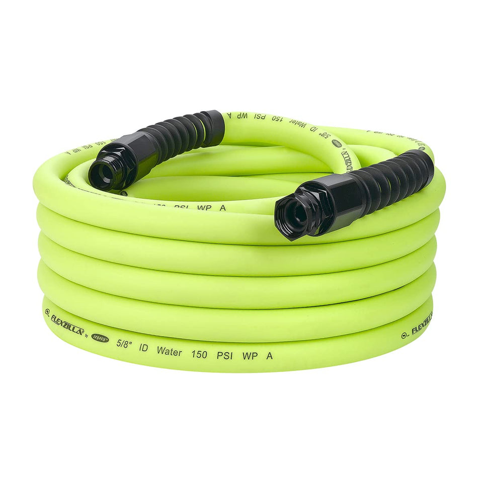 Flexzilla Pro water hose with reusable fittings enables field repairs and leak-free connections.