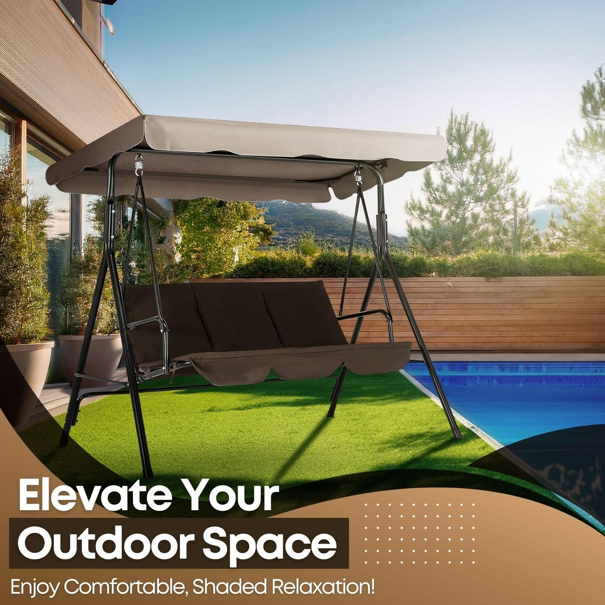 Flexzion beige canopy provides UV protection for your outdoor seating area