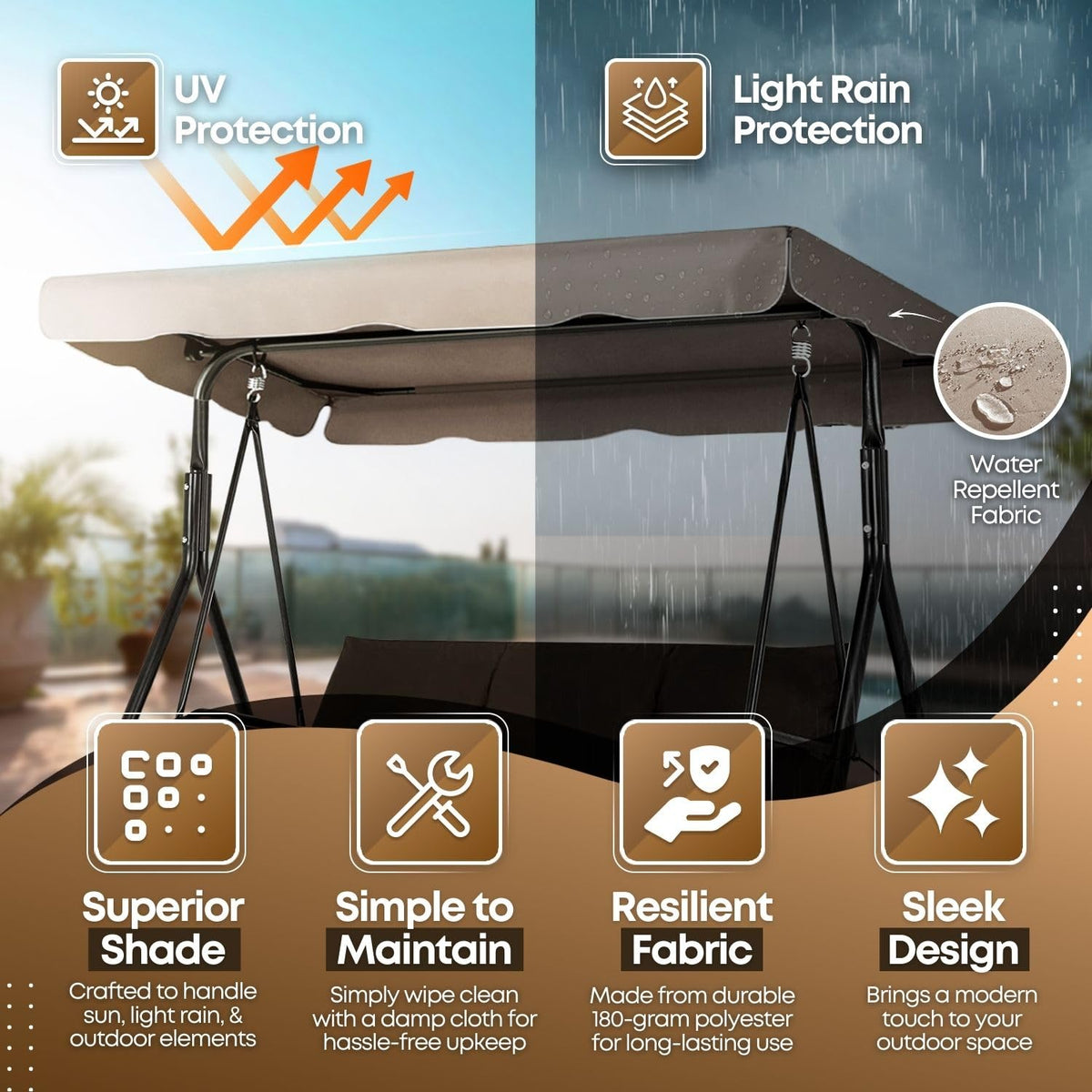 Flexzion canopy features reinforced corner pockets for sturdy frame support.