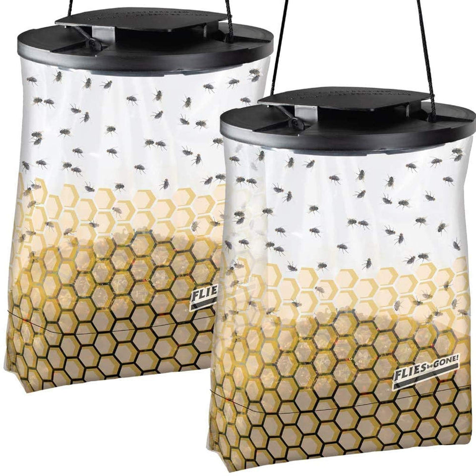 Flies Be Gone trap captures flies in outdoor spaces with a disposable canister.