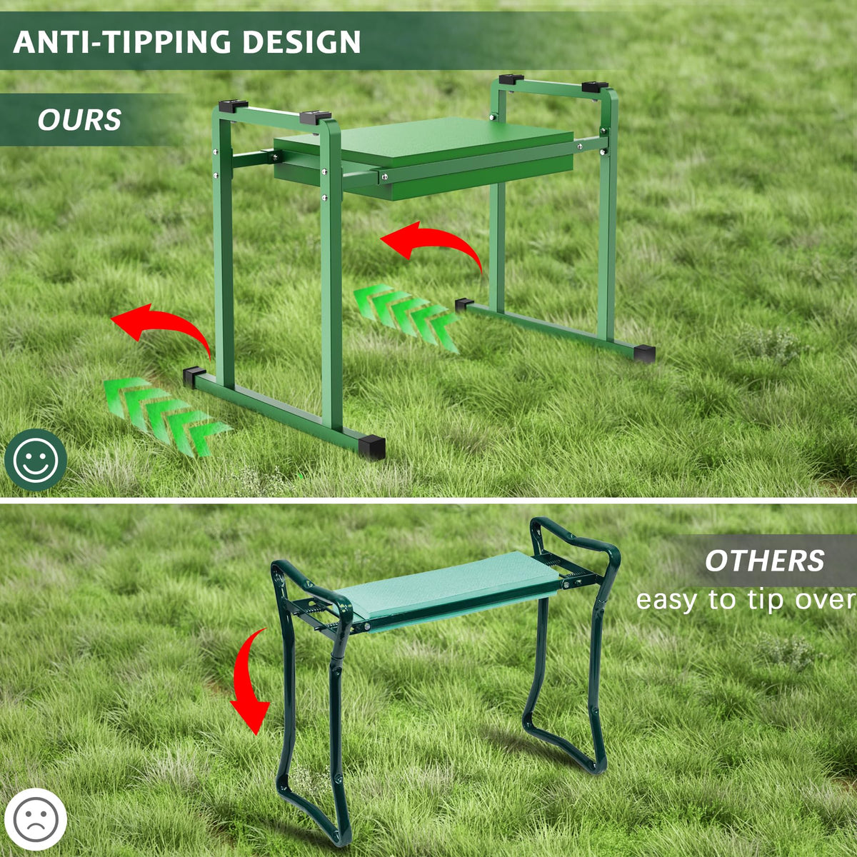 Flinter garden kneeler's stable base legs provide reliable support on uneven ground