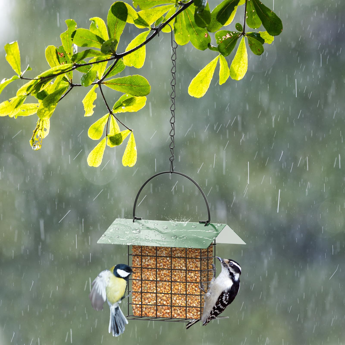 FLINTER suet feeder holding seed cakes and fruit for variety.