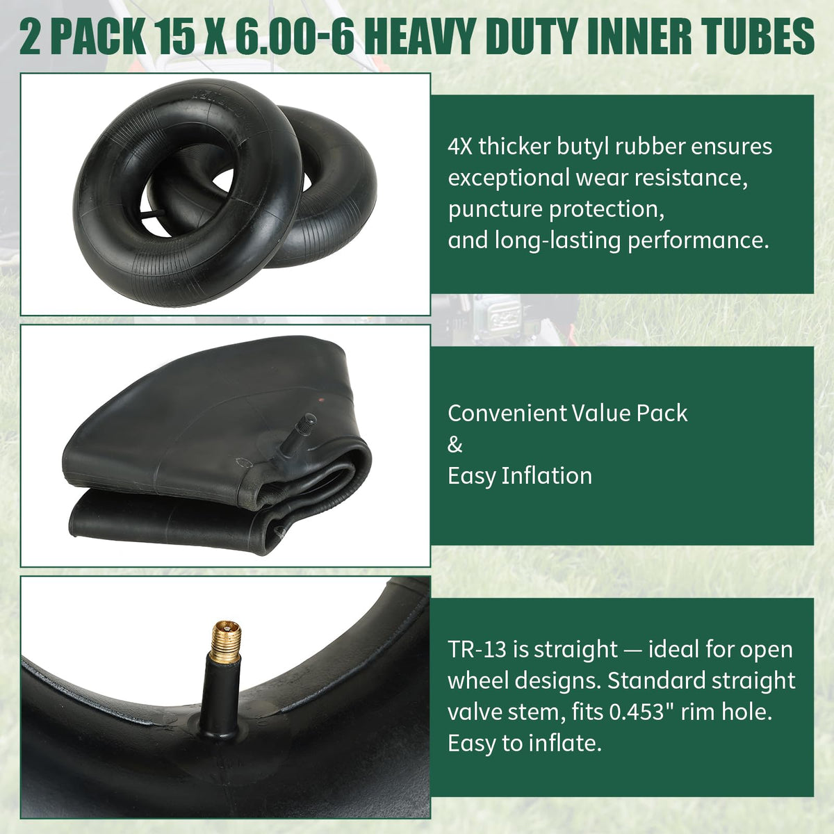 FLKQC wide-compatibility inner tubes fit 15x6-00-6 tires and similar sizes.