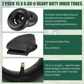 FLKQC wide-compatibility inner tubes fit 15x6-00-6 tires and similar sizes.