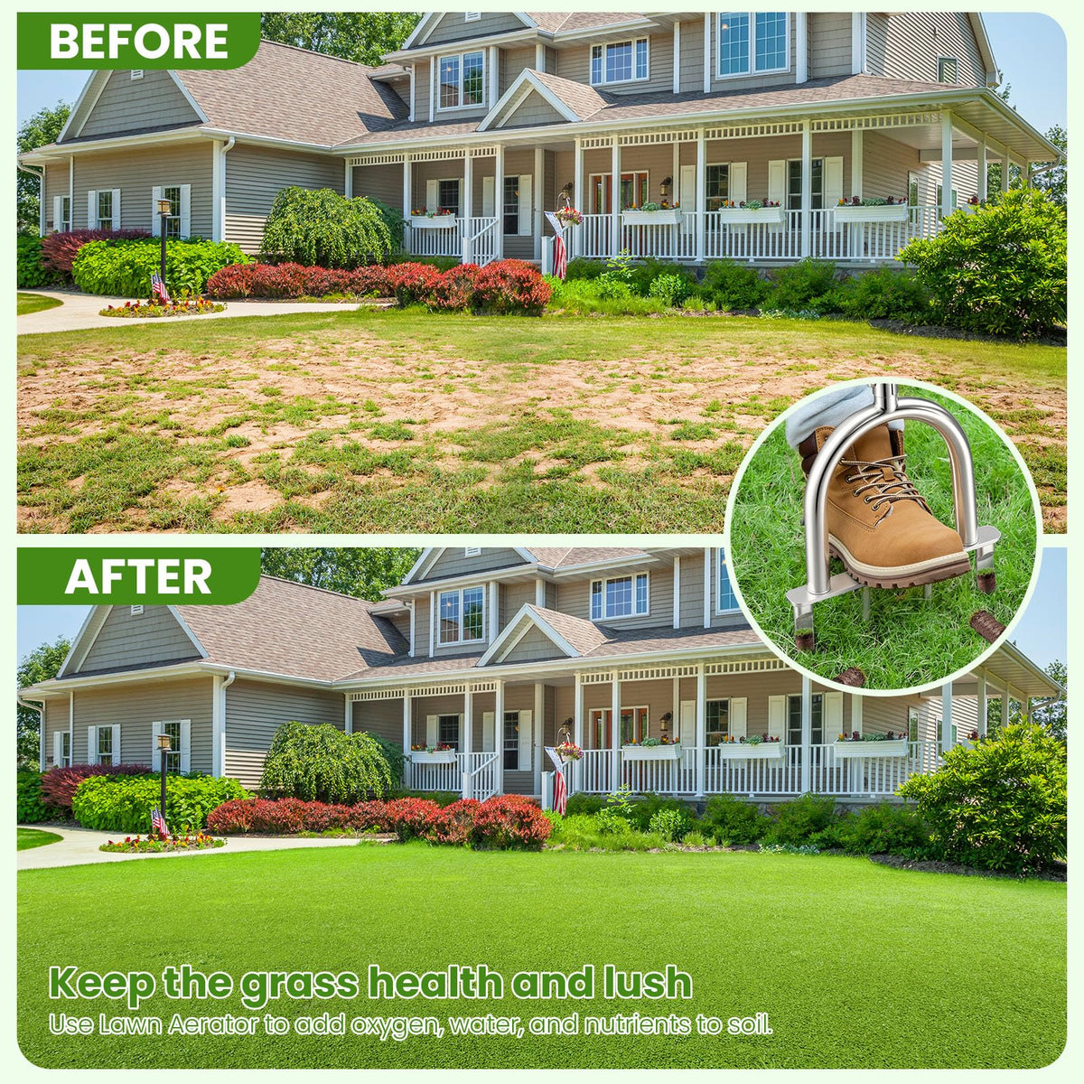 Bright orange FLMAQE aerator for easy yard visibility