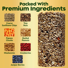 Close-up of premium ingredients in the Flockin' bird seed cylinder.