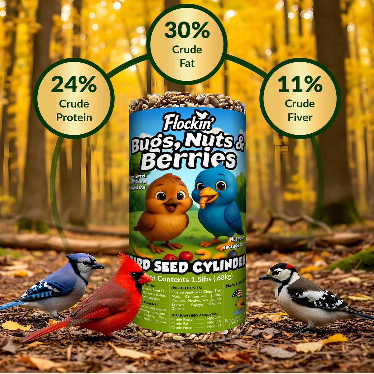 No fillers; all-natural, premium bird seed cylinder.