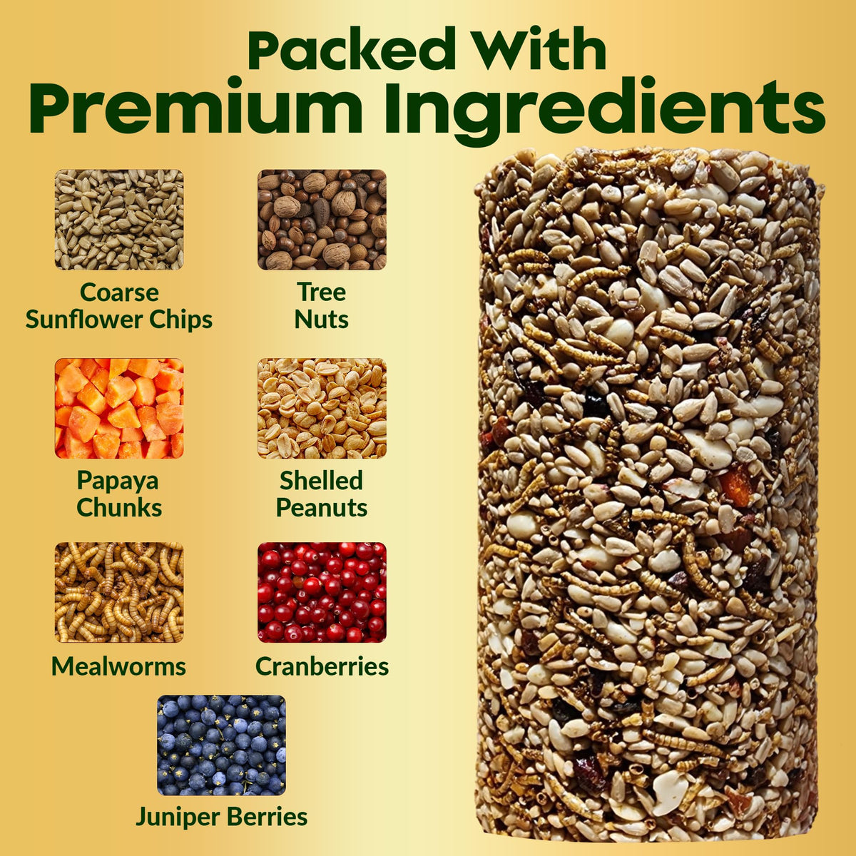 Flockin' Bugs, Nuts & Berries cylinder reveals mealworms and nuts for protein-rich feeding.