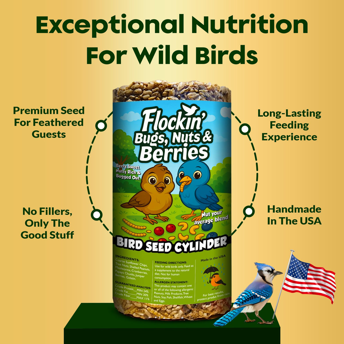 Flockin' Bugs, Nuts & Berries hole close-up shows secure feeder fit.