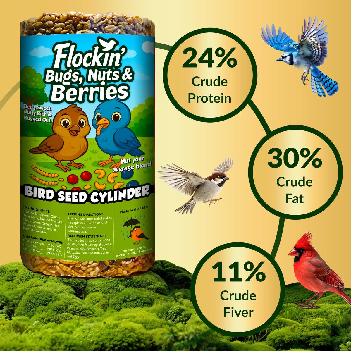 Flockin' Bugs, Nuts & Berries cylinder, USA-made, crafted for long-lasting feeding.