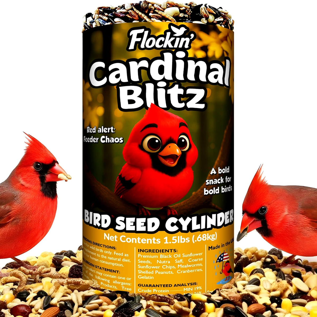 Flockin cardinal seed cylinder with hole on feeder for steady visitors.