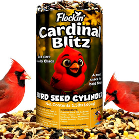Flockin cardinal seed cylinder with hole on feeder for steady visitors.