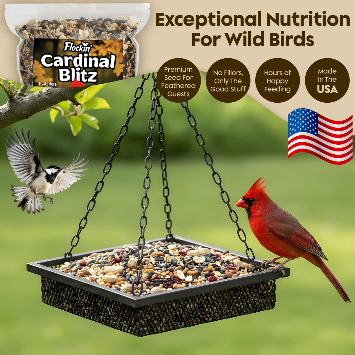 Bird feeder setup featuring Flockin' Cardinal Seeds for year-round visiting birds
