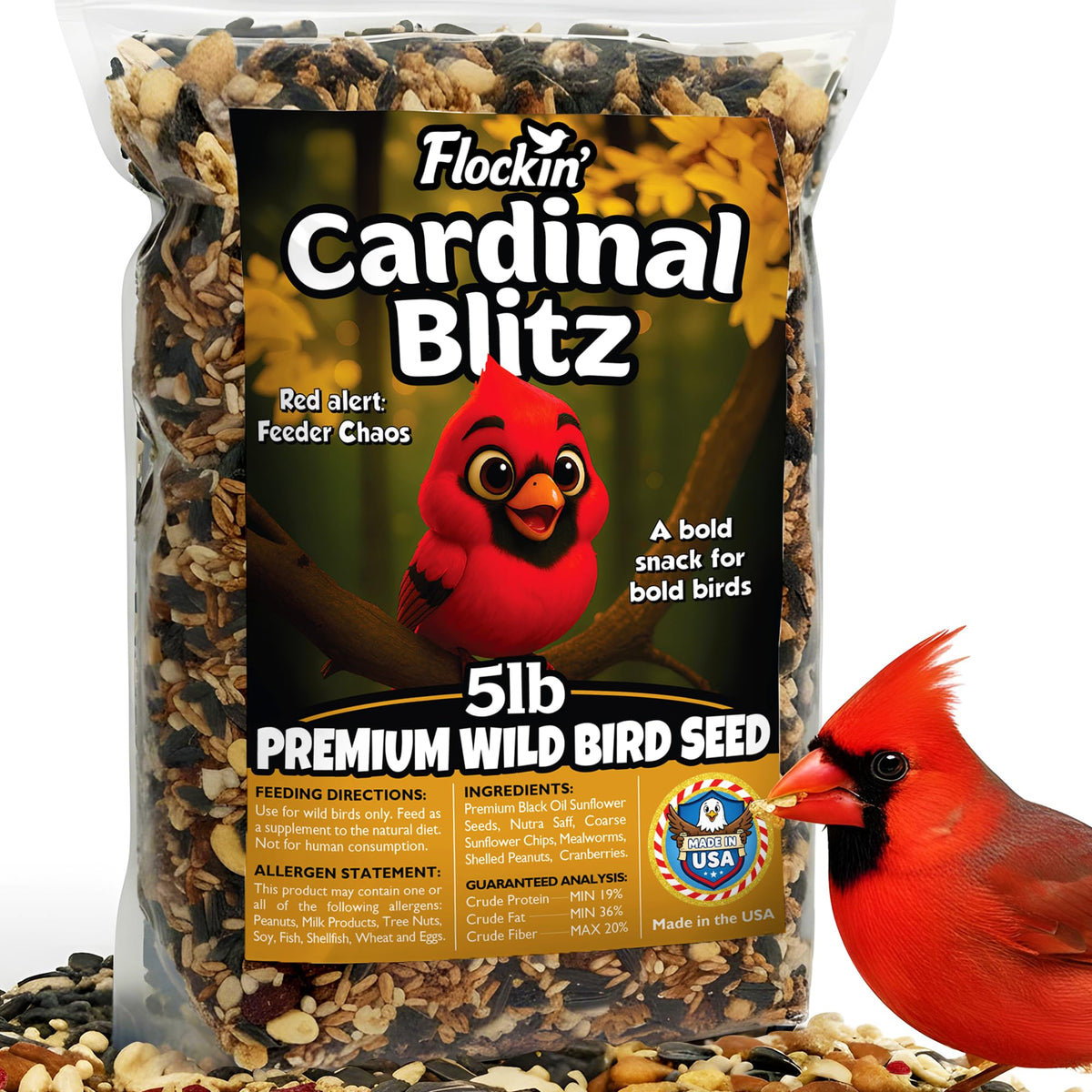 Flockin' Cardinal Seeds bag ready for outdoor feeding attracts cardinals