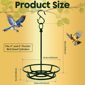 Flockin cylinder feeder holder offers 360-degree access, inviting cardinals, sparrows, and woodpeckers.