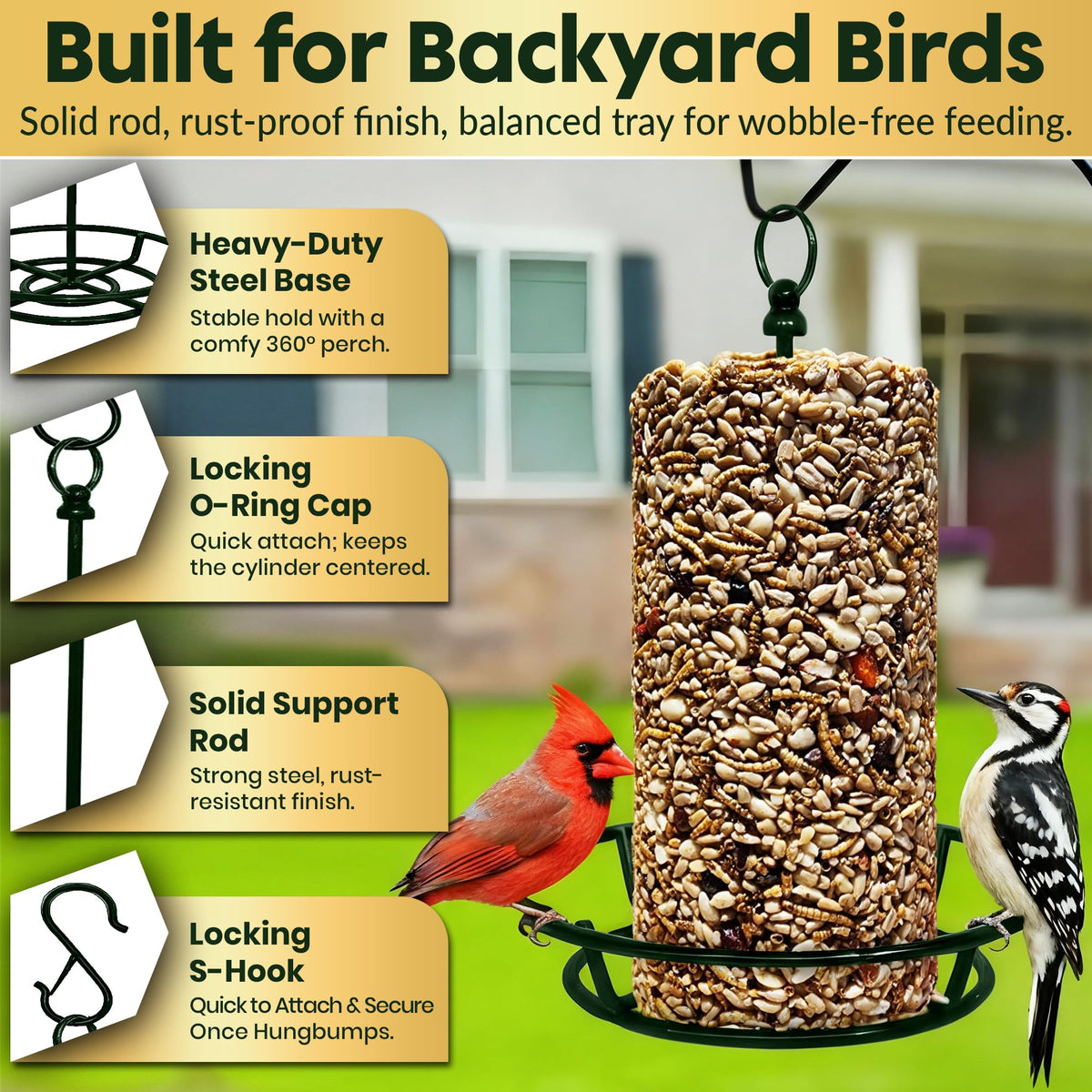 Flockin cylinder feeder holder fits 6-inch cylinders, ensuring stable seed delivery for birds.