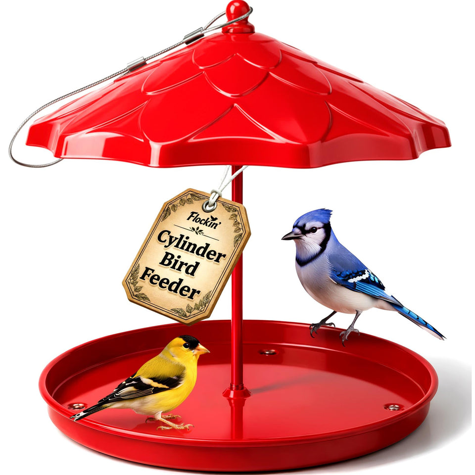 Flockin Cylinder Bird Feeder Holder assembly enables quick outdoor installation for feeding.