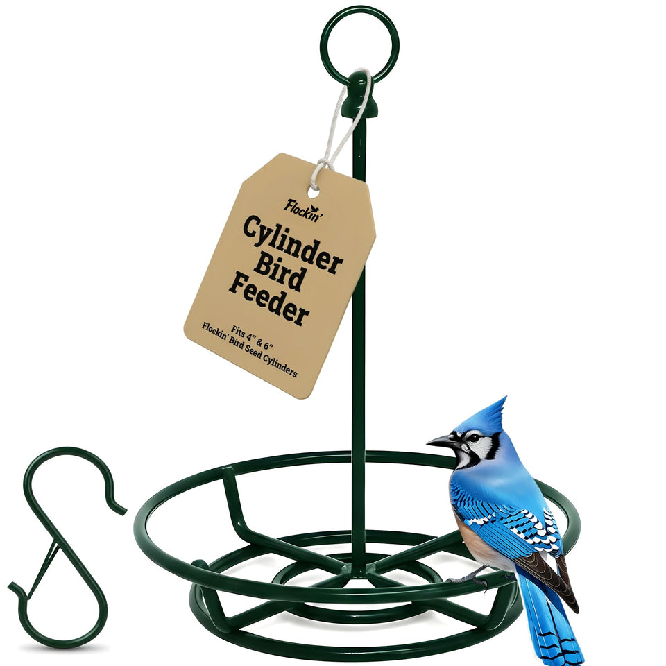 Flockin cylinder feeder holder base, secure mounting for year-round outdoor bird feeding.