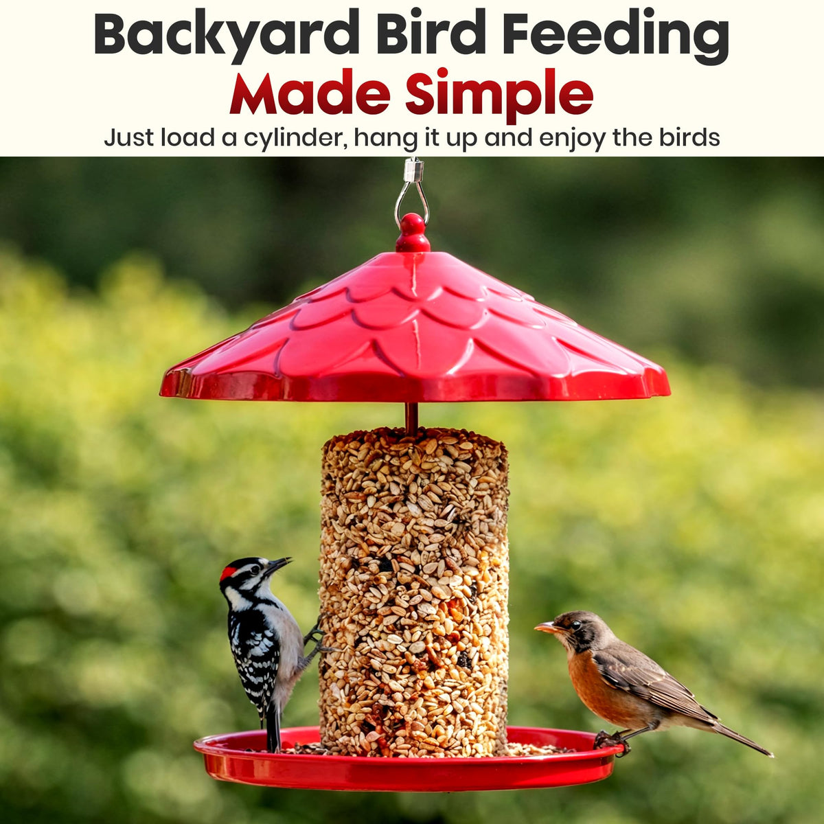 Flockin Cylinder Bird Feeder Holder 360-degree access supports easy bird feeding from any side.