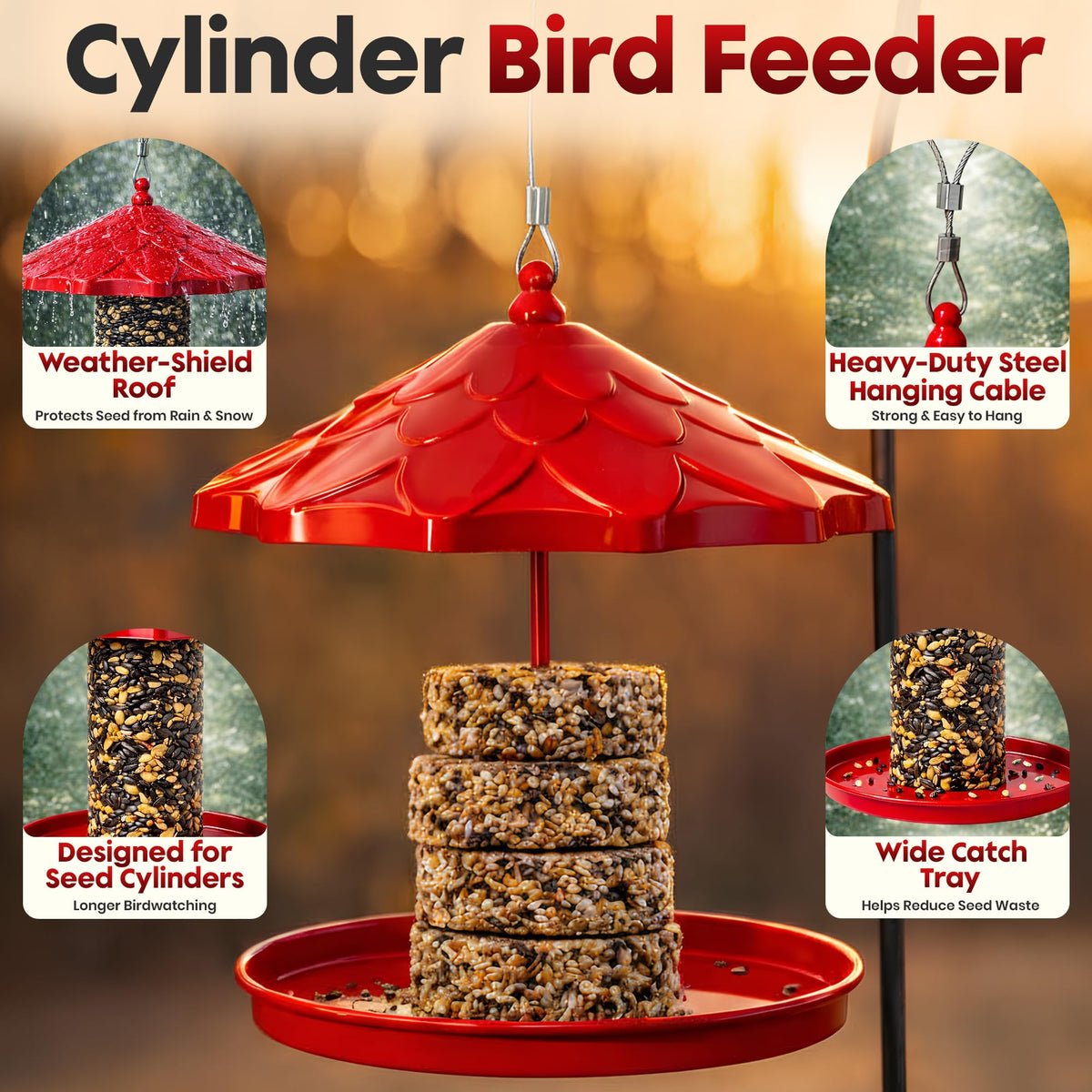Flockin Cylinder Bird Feeder Holder durable metal construction withstands rain and sun.