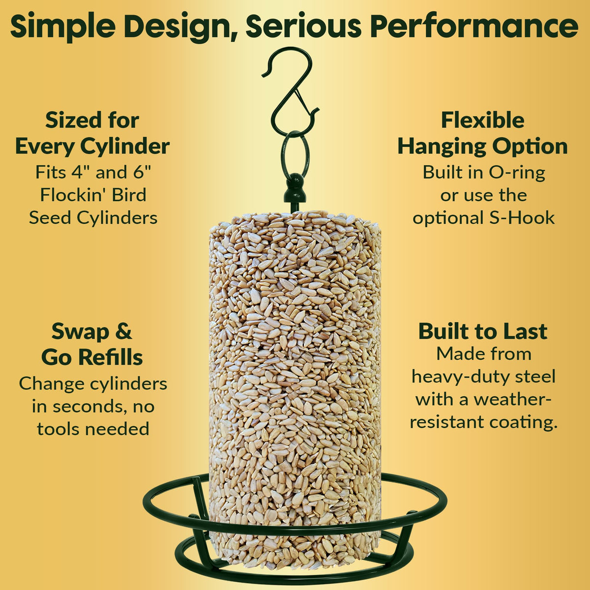 Flockin cylinder feeder holder hanging hook demonstrates easy suspension from garden hooks.