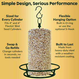 Flockin cylinder feeder holder hanging hook demonstrates easy suspension from garden hooks.