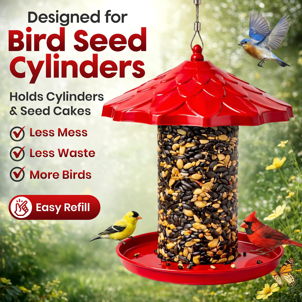 Flockin Cylinder Bird Feeder Holder weatherproof coating protects year-round outdoor feeding.
