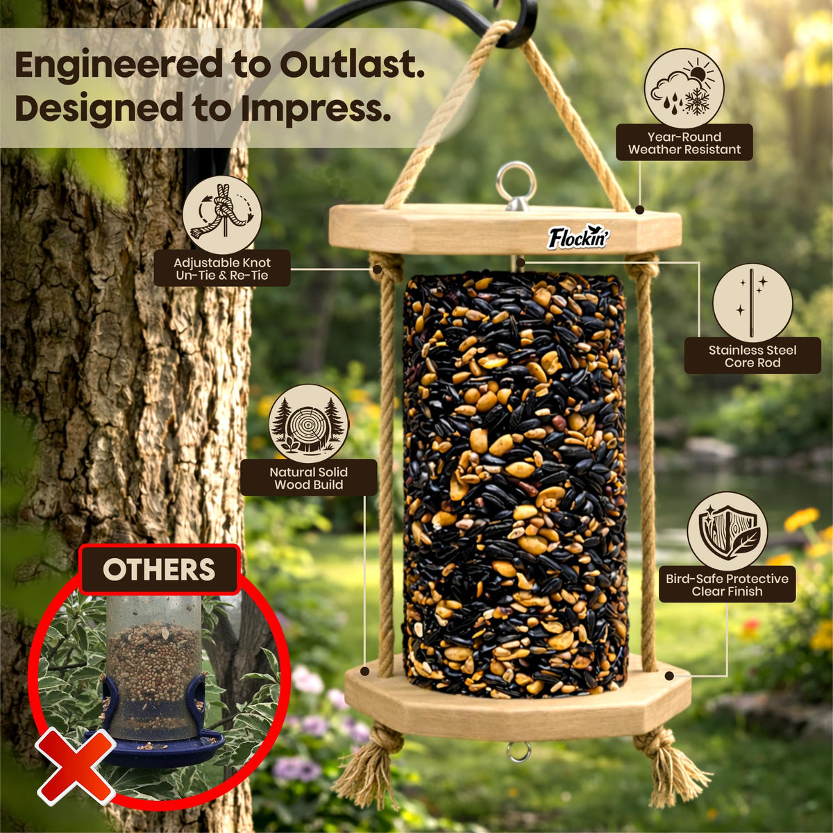 Flockin' Cylinder Feeder easy-clean image highlights quick maintenance to keep birds healthy.