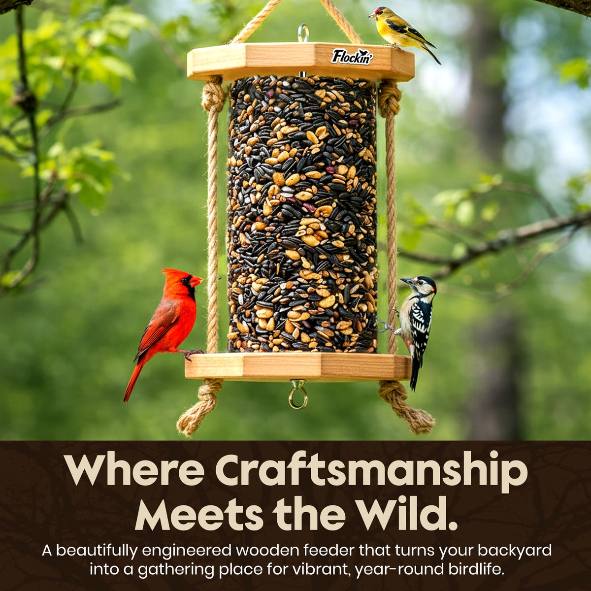 Flockin' Cylinder Feeder side view in wood highlights the protective finish and natural timber appeal.