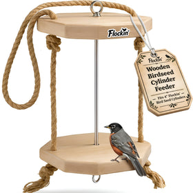 Flockin' Cylinder Feeder top view in wood shows a sturdy outdoor setup for year-round bird watching.