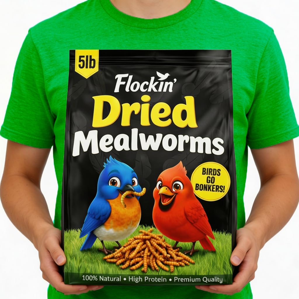 Flockin' Dried Mealworms packaging detail for fresh, convenient backyard feeding.