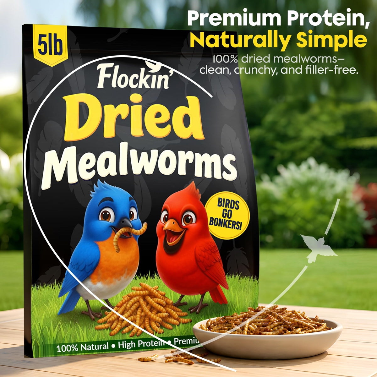 Flockin' Dried Mealworms attract robins, cardinals, and wrens with protein-rich nourishment.