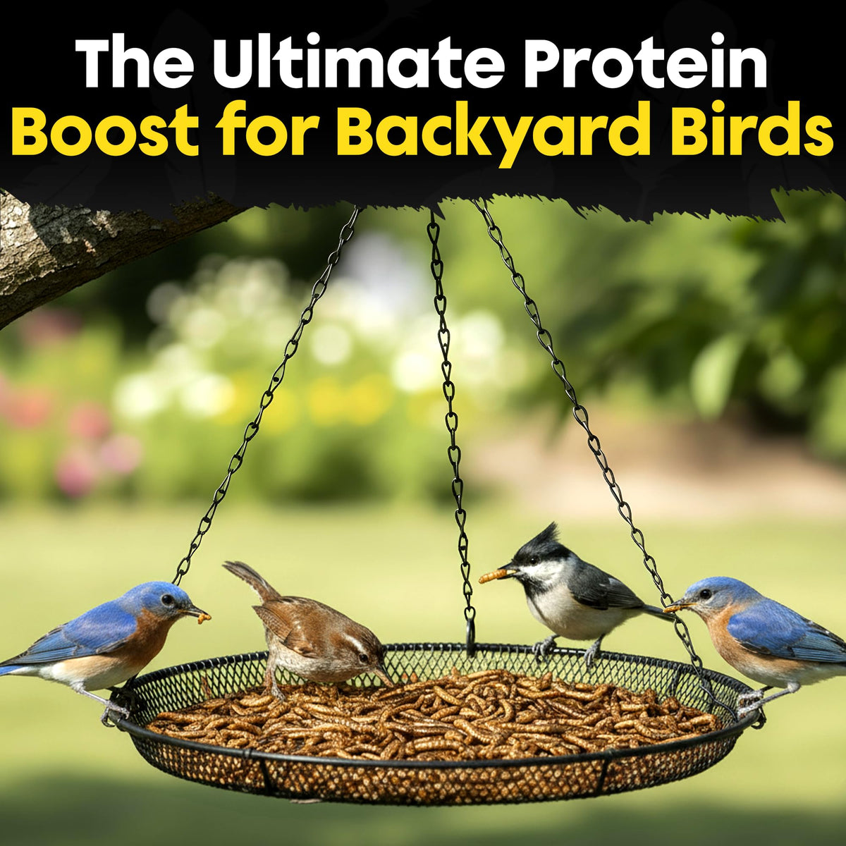 Flockin' Dried Mealworms at a feeder with woodpeckers enjoying a protein-based snack.