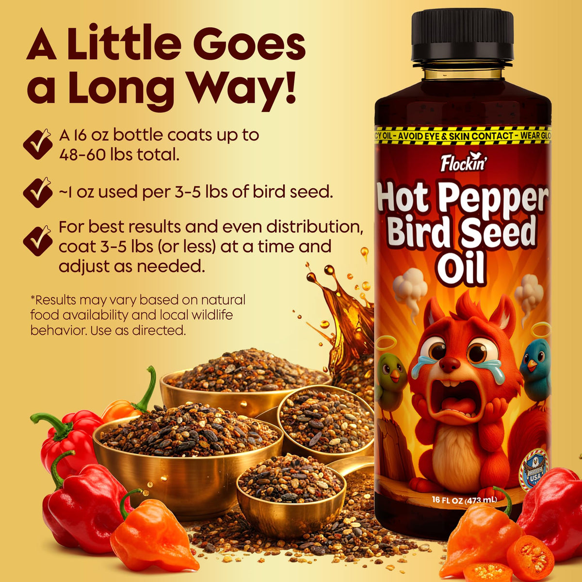 Flockin' Flaming Hot Pepper Oil emphasizes safety for birds at feeders.