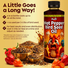 Flockin' Flaming Hot Pepper Oil emphasizes safety for birds at feeders.