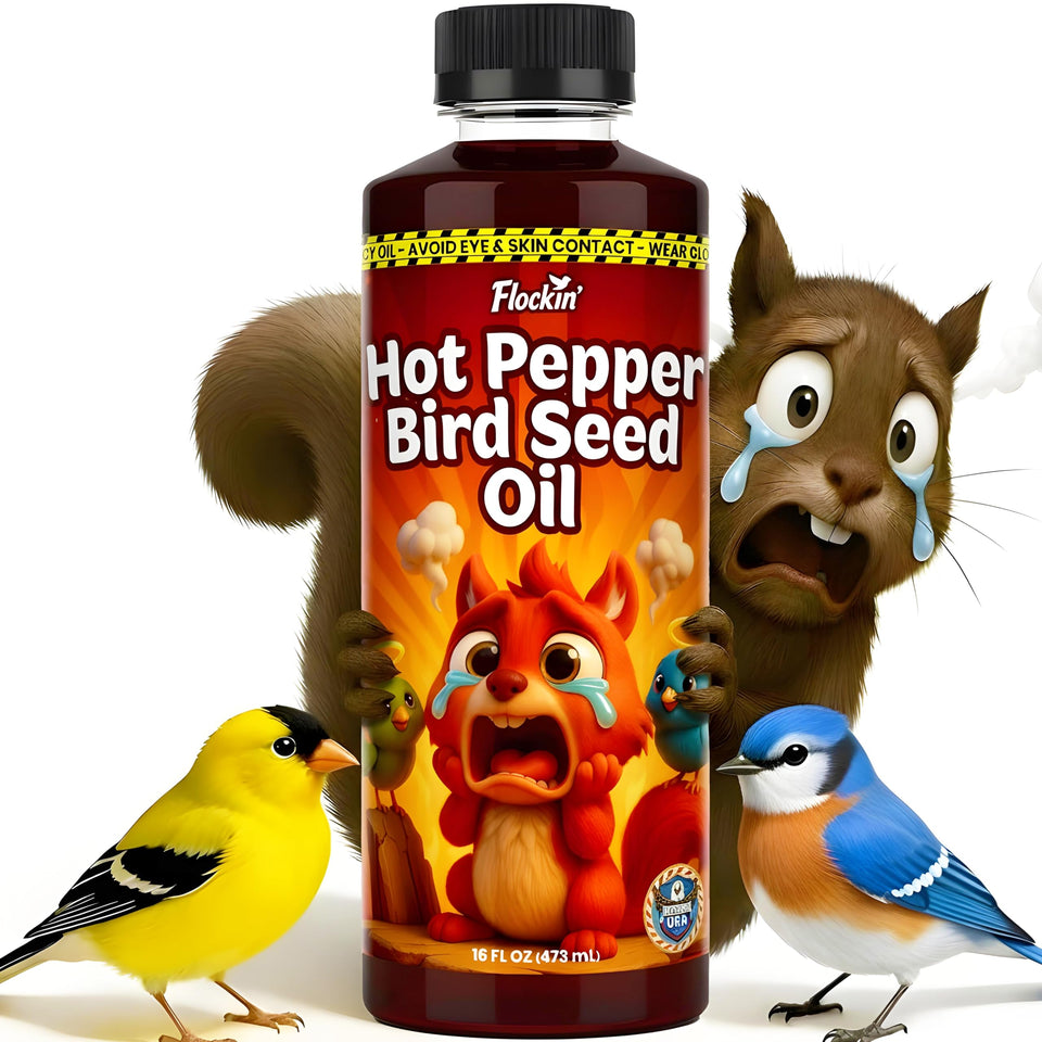 Flockin' Flaming Hot Pepper Oil bottle 16oz ready to coat seed and deter squirrels.