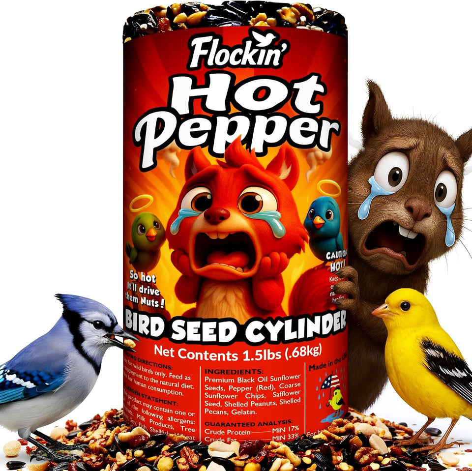 Flockin hot pepper bird seed cylinder with center hole deters squirrels while feeding birds.