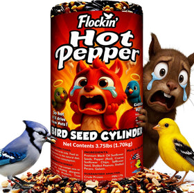 Flockin hot pepper bird seed cylinder with hole attracts cardinals and deters squirrels.