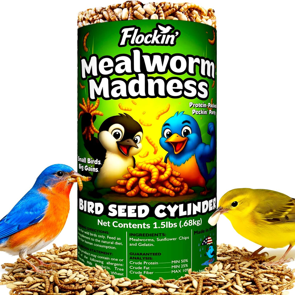 Flockin' Mealworm Bird Seed Cylinder with Hole close-up, boosts wild bird feeding.