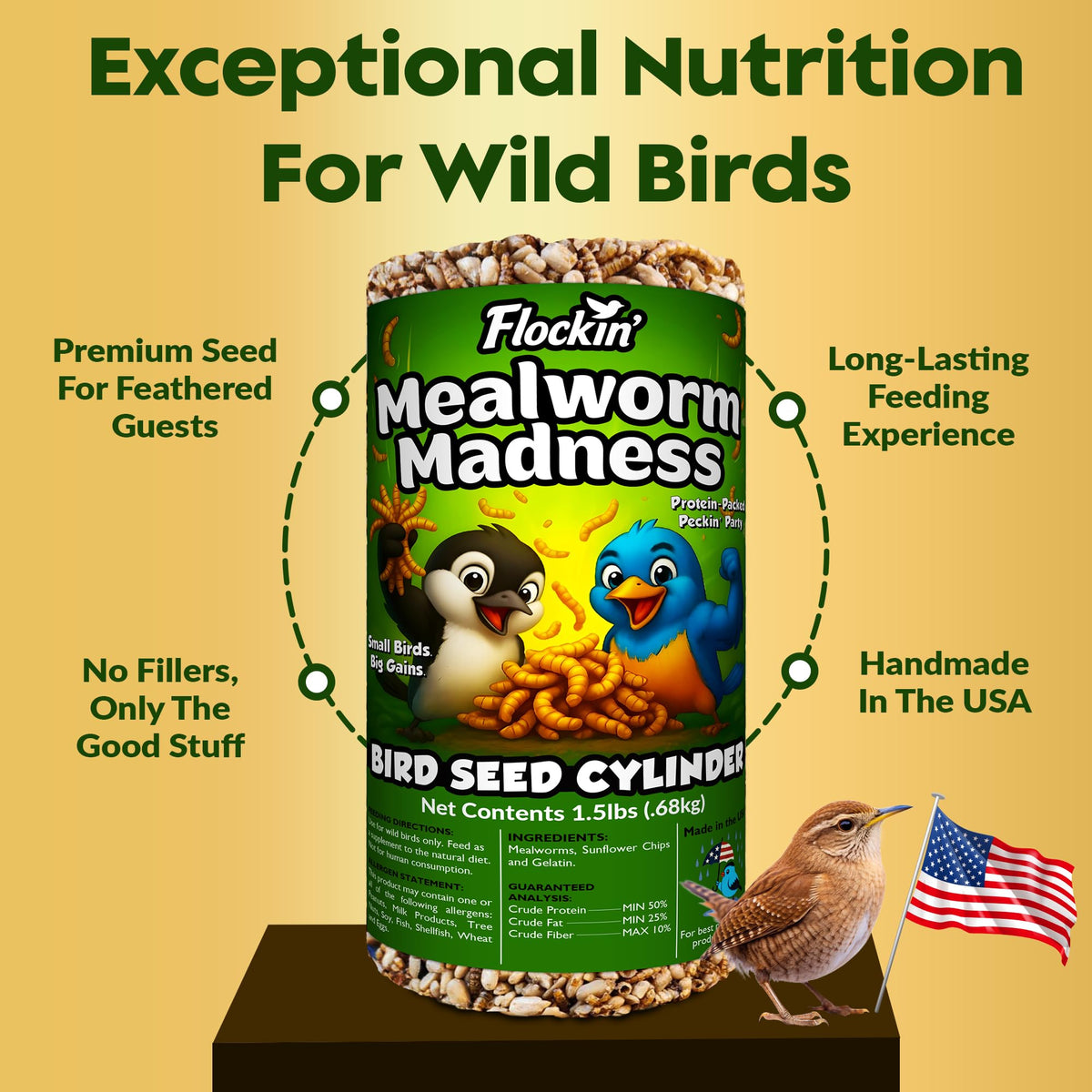 Flockin' Dried mealworms macro shot, premium protein for visitors.