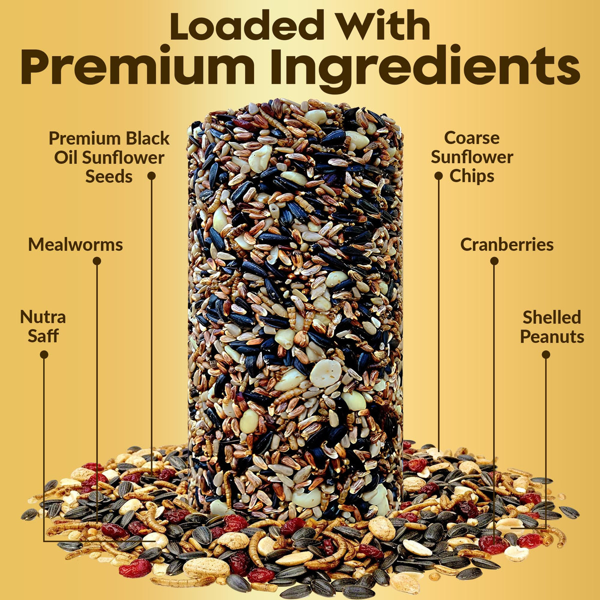 Flockin premium ingredients seed cylinder close-up of seeds and nuts.