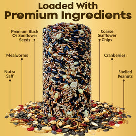 Flockin premium ingredients seed cylinder close-up of seeds and nuts.