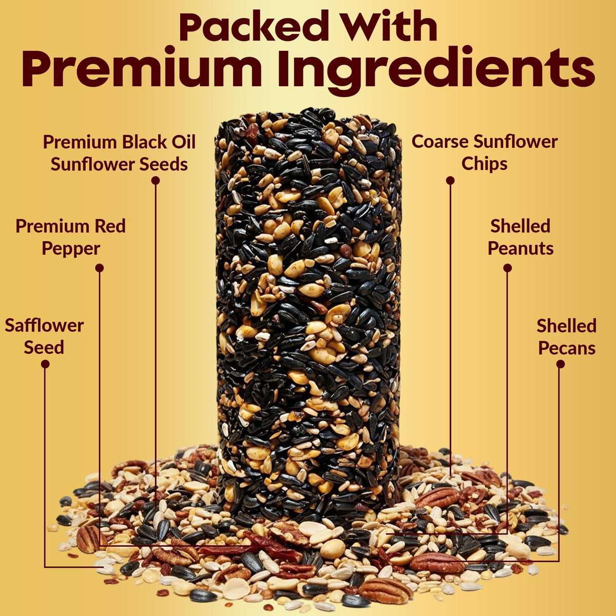 Flockin premium seed blend close-up shows sunflower seeds and pecans for birds.