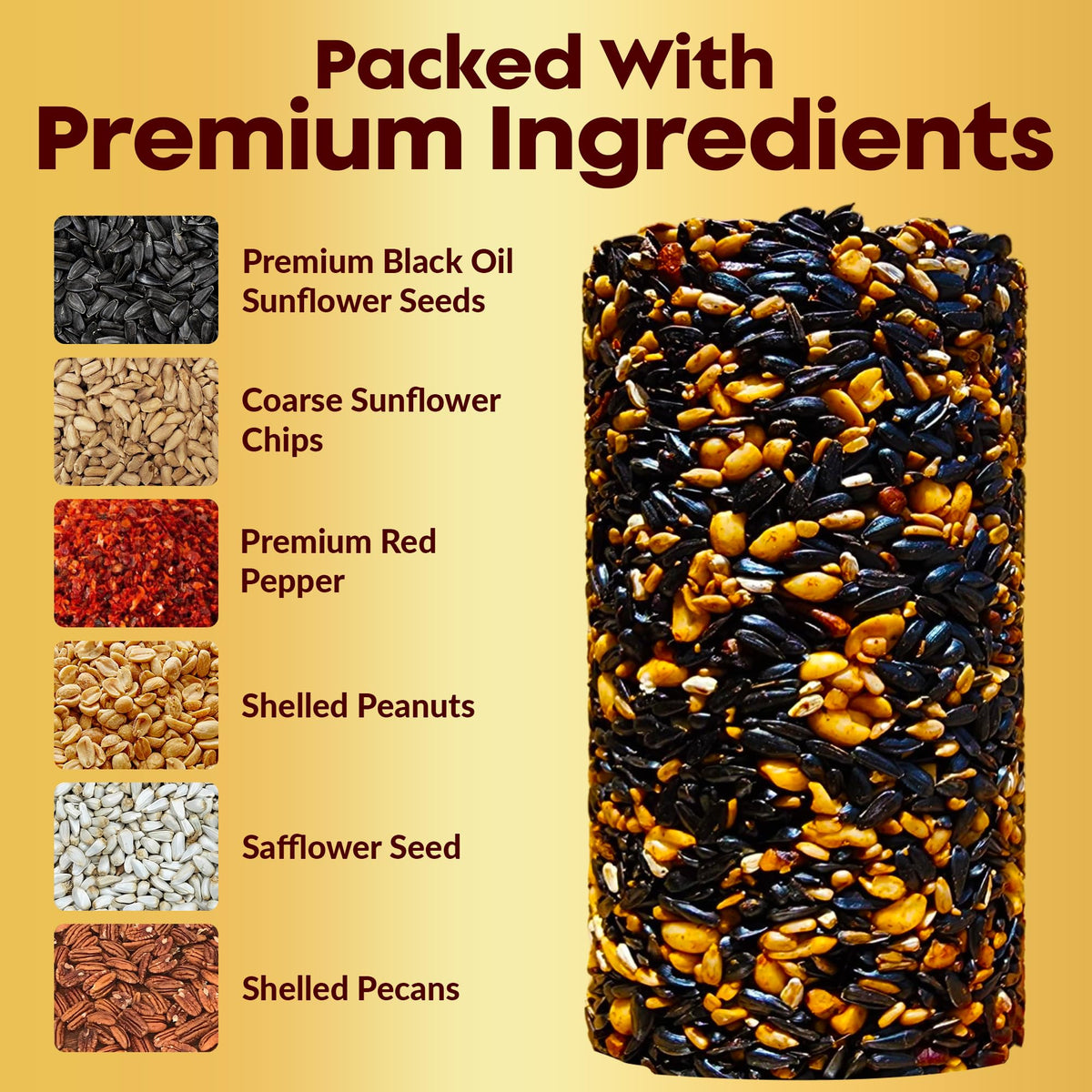 Flockin bird seed cylinder close-up shows premium mix and spicy pepper for birds.